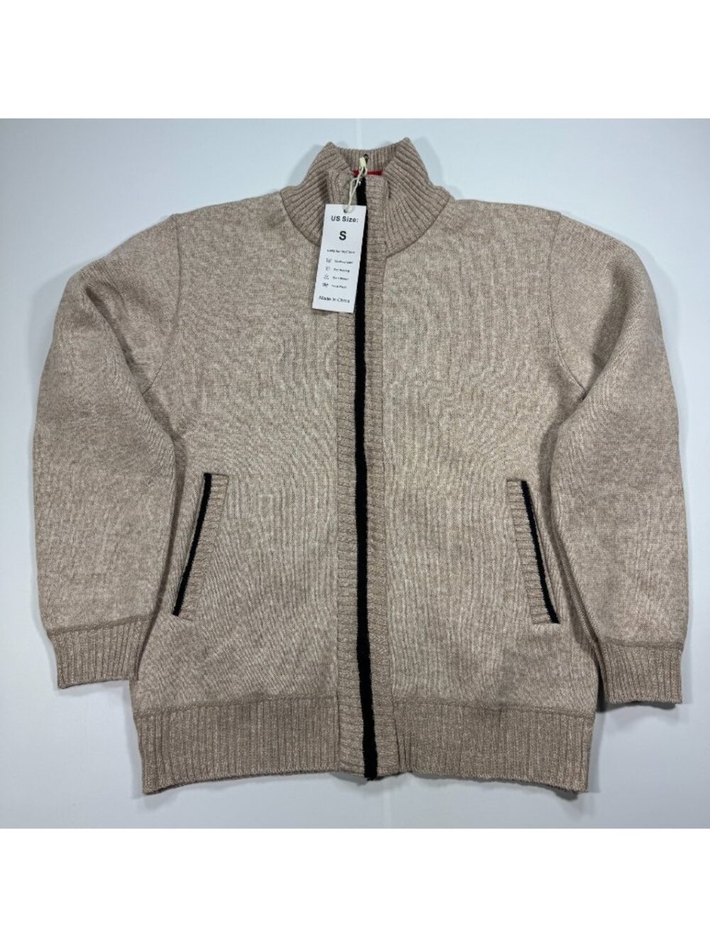 Yeokou Sweater Mens S Beige Cashmere Wool Knit Cardigan Full Zip Lined Preppy